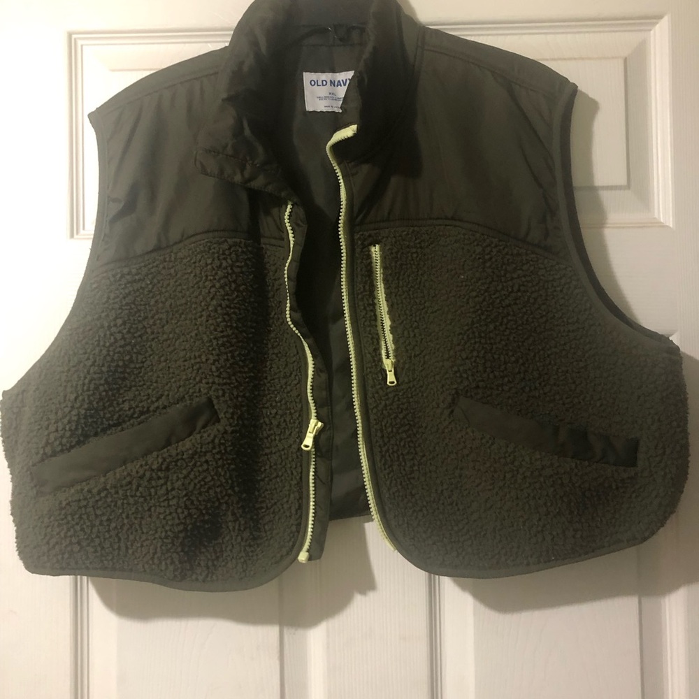 Old Navy Olive Green Crop Sherpa Vest with Yellow Trim